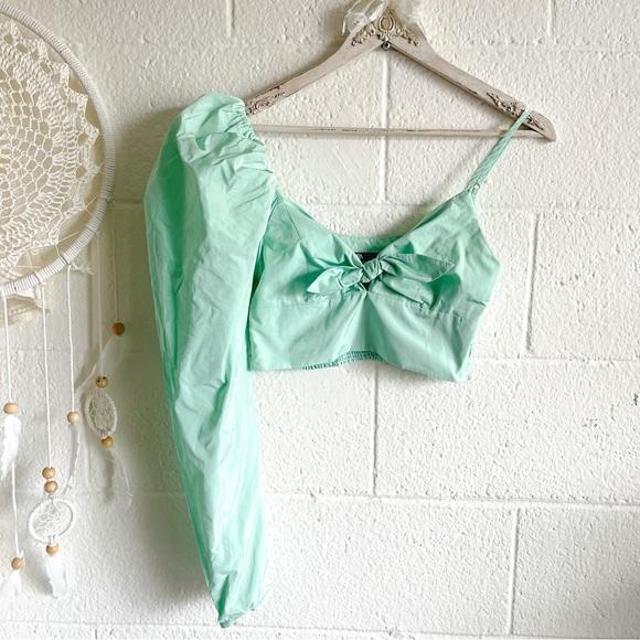 NWT Zara One Puff Shoulder Green Crop Top - Picture 2 of 16